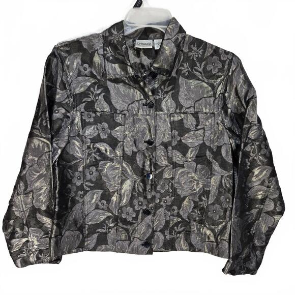 Chico's Jackets & Blazers - Chico's Metallic Floral Silk Blend Jacquard Jacket Size 1 Silver Black Evening